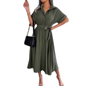 <span class=keywords><strong>Robe</strong></span> chemise longue décontractée de style européen et américain, couleur unie, avec <span class=keywords><strong>ceinture</strong></span>, <span class=keywords><strong>pour</strong></span> <span class=keywords><strong>femme</strong></span>, collection été (photo réelle) - Product Image 5