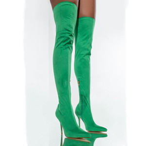 Prix usine femmes bout pointu ajusté cuissardes Secy Faux daim extérieur mince talon aiguille sur les bottes au genou - Product Image 1