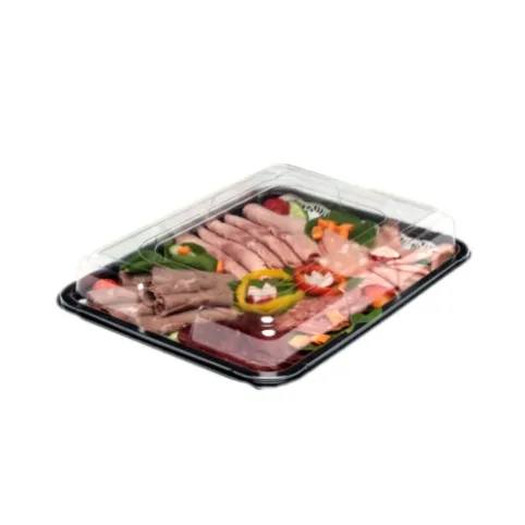 Hochwertige schwarze rechteckige stapelbare Lebensmittel-Catering-Tablett durchsichtige Kunststoff-Sandwich-Box-Platten mit transparenten Deckeln