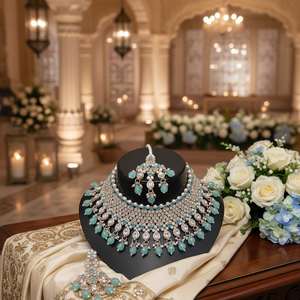 Parure de bijoux de mariée en laiton plaqué or et zircon, collier ras-du-cou, boucles d'oreilles pendantes, tikka, haute qualité, pour fête, mariage, cadeau ethnique - Product Image 3