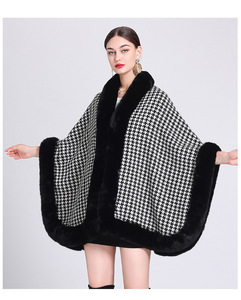 Hiver Femmes Lapin Fourrure Trim <span class=keywords><strong>Pied</strong></span> <span class=keywords><strong>de</strong></span> <span class=keywords><strong>Poule</strong></span> Cape Châle Laine Fausse Fourrure <span class=keywords><strong>Poncho</strong></span> - Product Image 6
