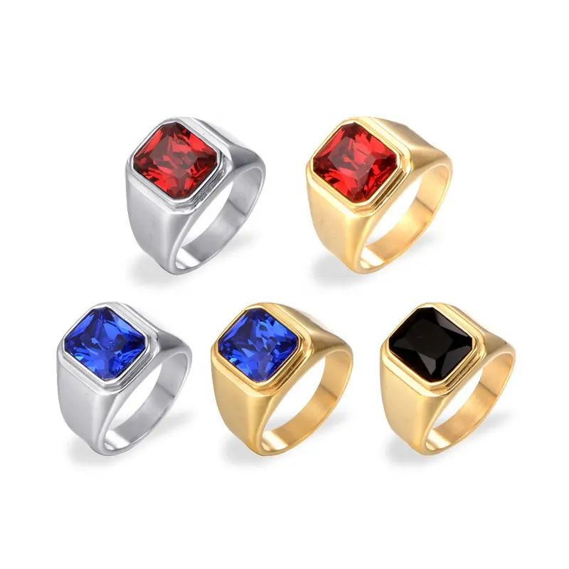 Großhandel Paar Titan Stahl Gold Zirkon Ein Stein Quadrat Rubin Rot Blau Schwarz Edelstein Ring Für Männer Frauen