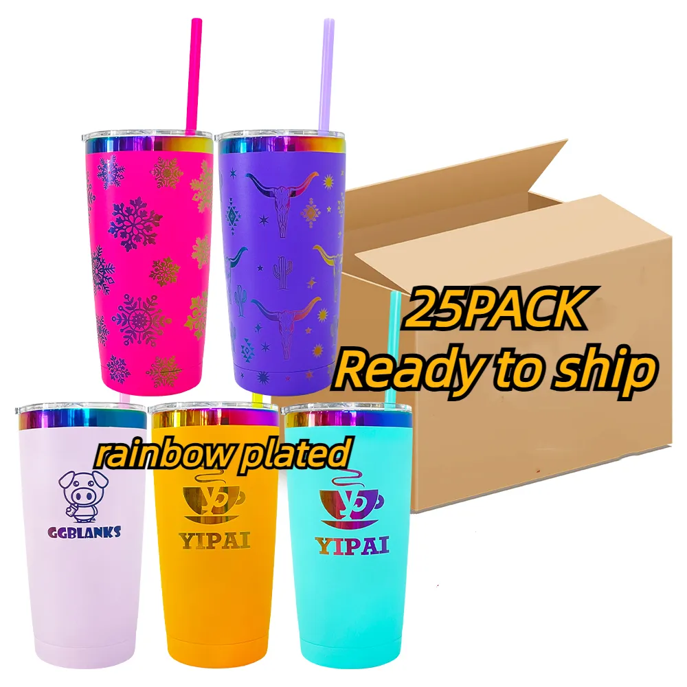 25PACK holographic colorful powder coated insulated 20oz rainbow plated stainless steel tumbler for sunflower laser engraving