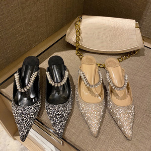 Nouvelles mules à talons hauts pour femmes, style escarpin, à bout fermé, ornées de strass et d'une boucle, sexy - Product Image 1