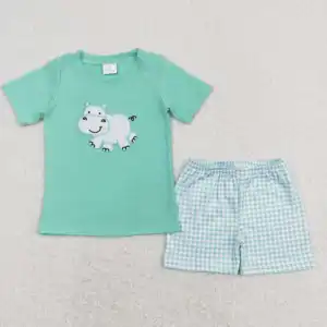 New arrivals RTS dễ thương hà mã thêu trẻ mới biết đi cậu bé trang phục trẻ em mùa hè phù hợp với bé trai cửa hàng quần áo