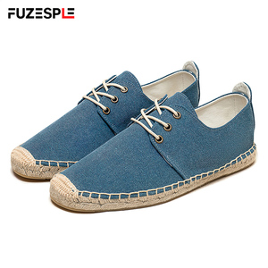 Mocasines de lona azul vaquero para <span class=keywords><strong>mujer</strong></span>, con punta cerrada, suela trenzada clásica, alpargatas, <span class=keywords><strong>zapatillas</strong></span> de verano para exteriores, zapatos casuales con <span class=keywords><strong>cordones</strong></span> - Product Image 1