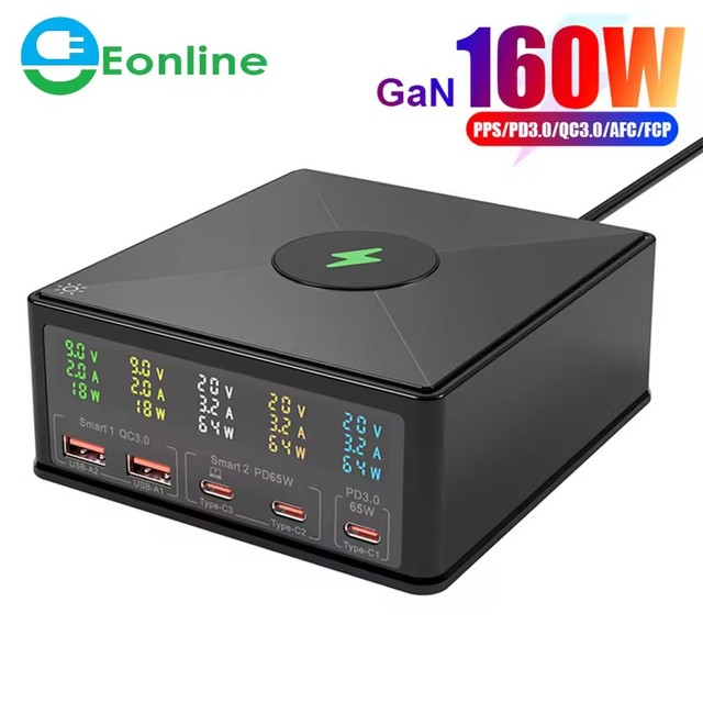 160W GaN USB-C LED Display Power Adapter Wireless Charger Station with 5-Port Fast Charging for MacBook Macbook Pro Macbook Air
