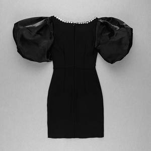 C2518 nuovo Design 2024 <span class=keywords><strong>nero</strong></span> O collo manica a sbuffo Sexy in cristallo Bodycon abiti da Club donna - Product Image 2