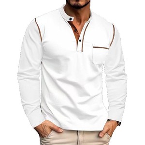 Polo à manches longues pour hommes, col montant, couleur unie blanche, en polyester, pour les loisirs, DF-16 - Product Image 1