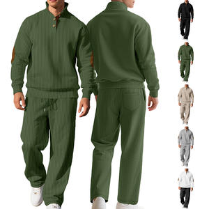 Conjunto de Polo de Punto Acanalado Verde Militar para Hombre con Parches en los Codos, Ropa Casual para Ocio, Ajuste Holgado, Fibra de Poliéster DF-513 - Product Image 3