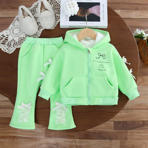 2026 Hot Sale 1-5 jaar meisjes warme trainingspakken strik lange mouw capuchon rits fleece jas broek 2-delige set kinder winterkleding - Product Image 5