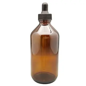 Bulat Besar Kaca Amber Botol 200Ml dengan Ribbed Hitam Tutup Minyak dan Cairan