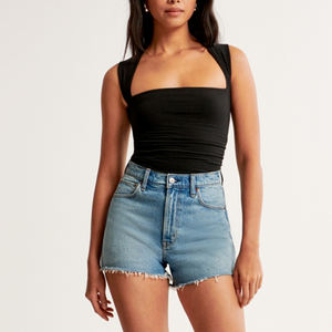 Chaleco de manga corta con cuello cuadrado en blanco y logotipo personalizado fabricante de algodón elástico camisetas sin mangas para mujer - Product Image 6