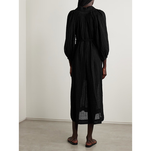 Abito da Donna <span class=keywords><strong>Nero</strong></span> Autunnale in <span class=keywords><strong>Lino</strong></span> Intrecciato Pieghettato Lavabile ed Ecologico Lunghezza al Ginocchio Senza Maniche con Cintura - Product Image 3