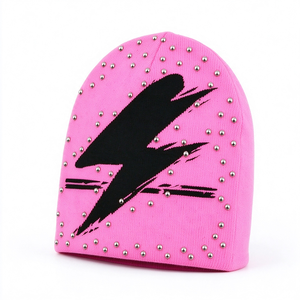 Bonnet tricoté rose clouté pour femme, motif éclair Y2K, chaud pour l'hiver, style décontracté, streetwear, casquette ajustée - Product Image 3