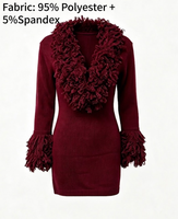 Robe Mini Tricotée Y2K Vintage Bordeaux Unie pour Femme, Col V, Col Moelleux, Manches Cloche, Extensible, Moulante, avec Franges Shaggy – Vente en Gros Personnalisée