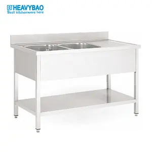 Heavybao SS Estilo Europeu Mesa de Trabalho com Pia Dupla/Portátil Profunda Pia De Aço Inox para Cozinha do Restaurante Atacado