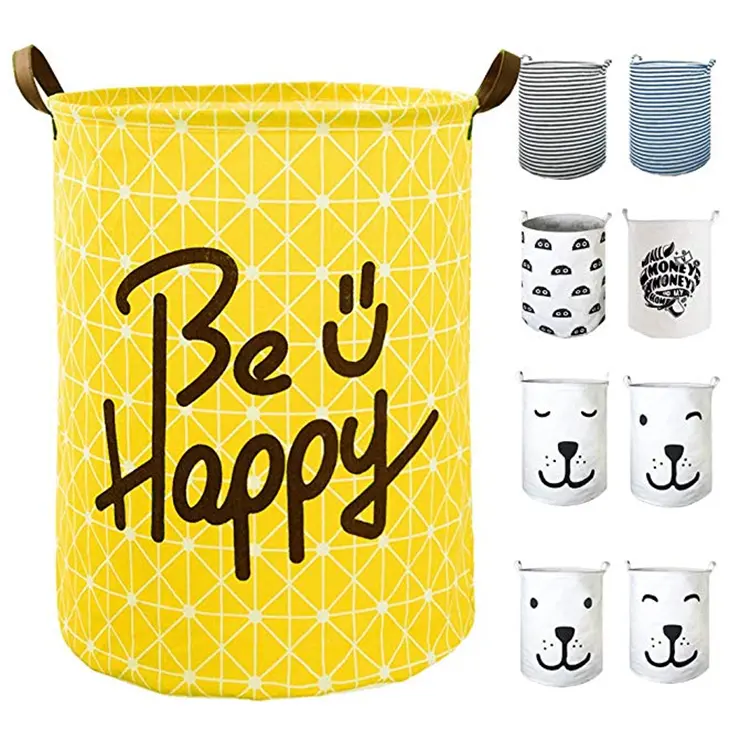 Large round cute cartoon waterproof canvas collapsible laundry basket