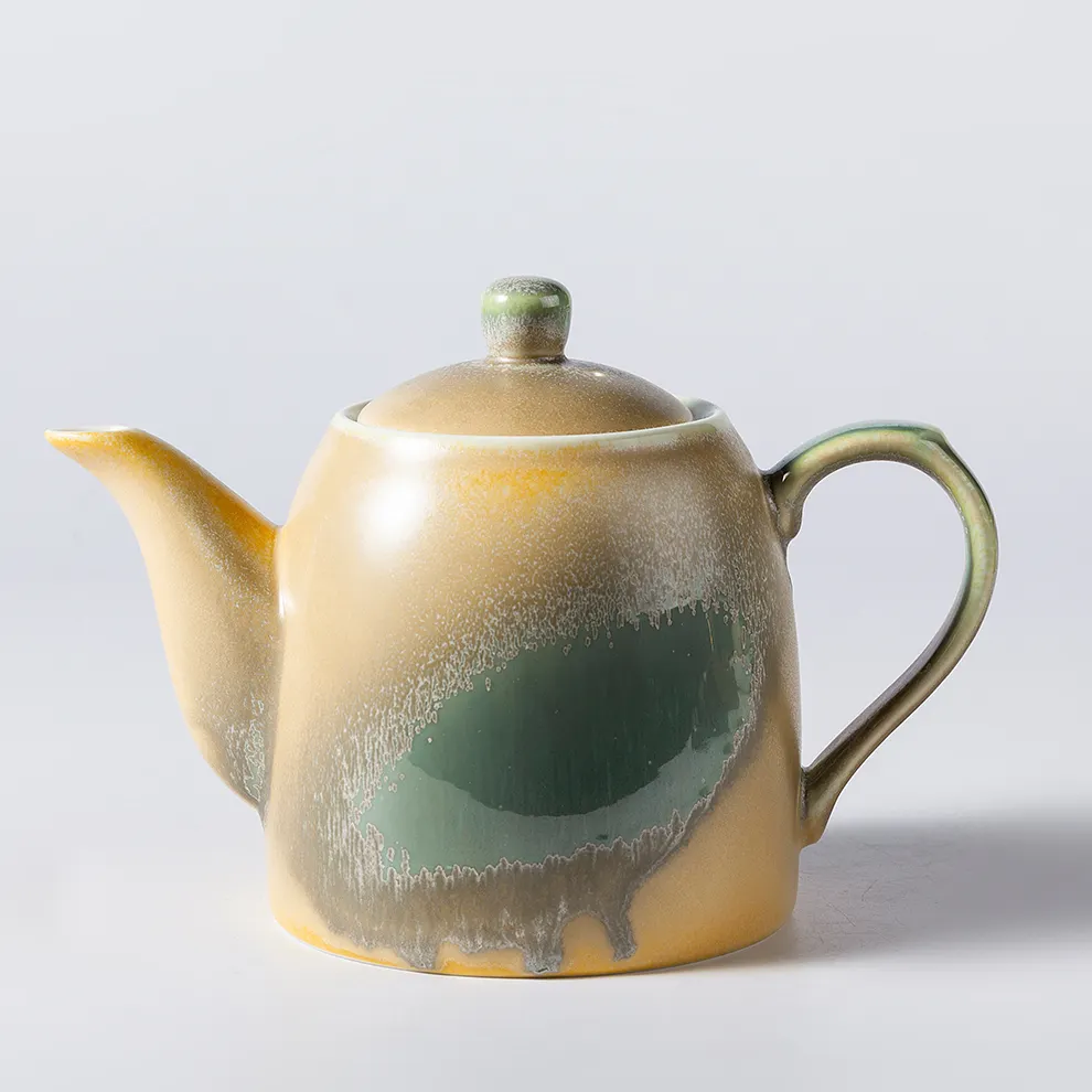 Vintage İtalyan porselen kahve 700ml sarı yeşil çin çaydanlık seti seramik demlik