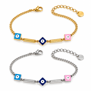 Bracelet à breloques œil argent et or en acier inoxydable, plaqué or 18 carats sous vide et émaillé, chaîne réglable, bijoux - Product Image 1