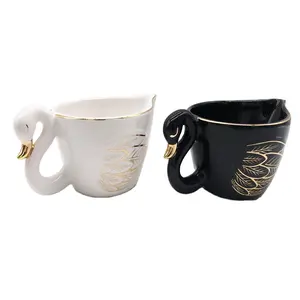 Özel el boyalı porselen beyaz kahve fincanı seramik siyah kuğu arıtma kupası baskı drinkware kabartmalı çıkartma