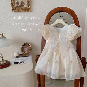 Estate per bambini graziosi abiti da ballo ricamati floreali a manica corta abiti da festa per bambini con fiocco abiti da bambina - Product Image 1