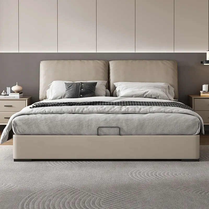 Modern Gestoffeerd Opbergbed Echt Lederen Kingsize Tweepersoonsbed Met Laden