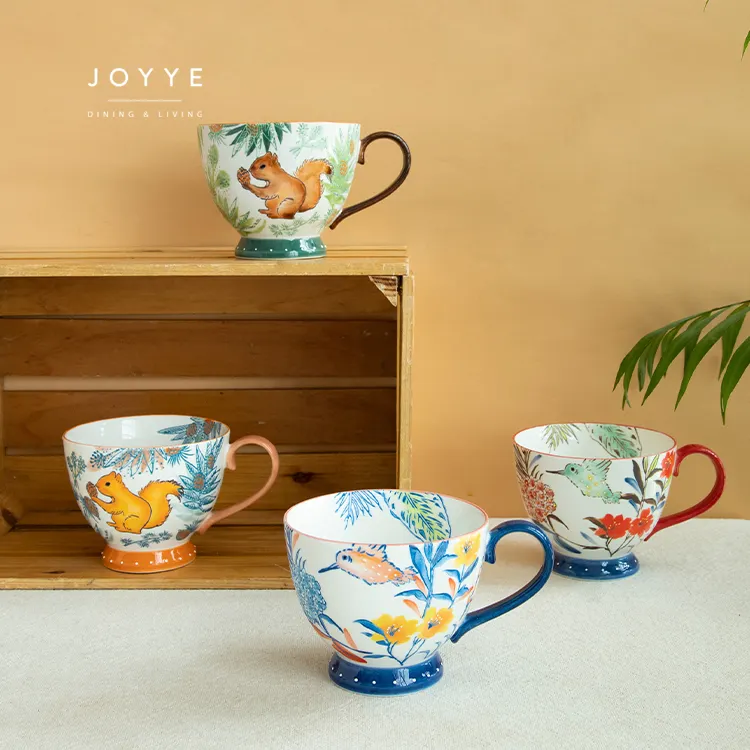 Joyye fleur peinture à la main tasse de câlin brillant glaçure bleue tasse à thé personnalisé 400ml tasse à café en céramique