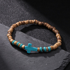 Men's Wooden <b>Bead</b> Turquoise Cross <b>Bracelet</b> Blue And White Geometric Design Gift Jewelry - Product Image 2