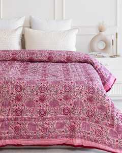 Indian Hand Block Print Rose Pink Cotton Quilt Floral <b>Bedspread</b> Queen Size Comforter <b>Summer</b> Blanket - Product Image 5