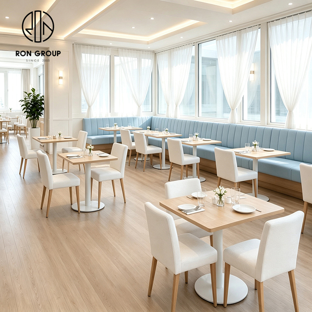 Ron Group Fashionable Beauty Furniture Set L Shape Fabric Booth Customized Chair Wooden Square Table for Restaurant