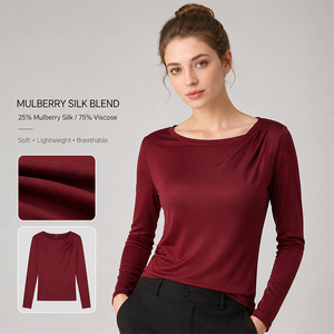 T-shirt à manches longues en soie de mûrier pour femme, col asymétrique, coupe ample, grande taille, personnalisable avec logo, doux, respirant et de qualité supérieure - Product Image 1