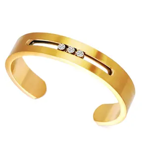 Brazalete abierto de acero inoxidable con cristal brillante, pulsera de joyería chapada en oro de 18k, estilo Punk