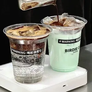 蓋付きプラスチック製バブルティーミルクセーキコーヒーカップ使い捨てカスタムプリントPETコールドコーヒー飲料カップ