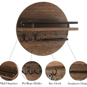 Wooden <b>Wall</b> <b>Mounted</b> <b>Shelf</b> Round Key Holder Entryway Storage Rack Office Organizer Solid Wood Background Decoration - Product Image 5