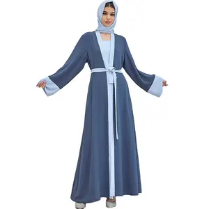 素色浅蓝色开放长经典风格穆斯林女性阿巴亚无袖内装套装伊斯兰服装