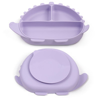 Ensemble repas pour tout-petits en silicone de qualité alimentaire avec bavoir à poches profondes, assiette compartimentée, bol, cuillère, fourchette et design de col réglable