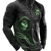 Chemise Henley à manches longues pour homme, style vintage européen-américain, col en V, motif crâne, sept boutons, tissu imitation coton