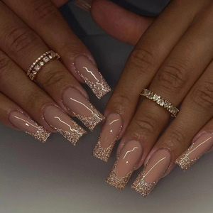 Uñas postizas de lujo con forma de ataúd, punta brillante, acrílicas, largas, pre-diseñadas con pegamento para aplicación en los dedos. - Product Image 1