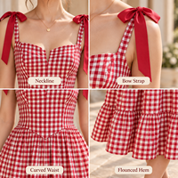 Robe midi pour femme en gros, tissée à carreaux, avec bretelles à nœud papillon, corsage corset, jupe froncée et ourlet à volants, coupe trapèze
