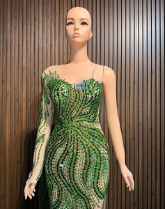 Robe fourreau élégante pour femme, une seule manche longue, en tissu de soie avec strass haut de gamme, robe de soirée de luxe - Product Image 4