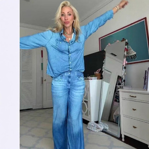 Set Due Pezzi in Denim alla Moda per Donna: <span class=keywords><strong>Camicia</strong></span> a Maniche Lunghe e Pantaloni a Gamba Larga, Completo Coordinato Streetwear <span class=keywords><strong>Femminile</strong></span> - Product Image 1