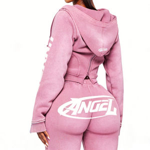 Conjunto de chándal de <span class=keywords><strong>mujer</strong></span> Y2K de 400g de peso pesado, estilo streetwear, con lavado, top corto con cremallera, pantalón jogger acampanado y sudadera con capucha con cordón, con logotipo personalizado - Product Image 3