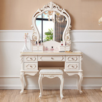 Table de maquillage en bois sculpté avec éclairage LED, miroir, tabouret et tiroirs pour chambre à coucher