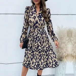 Robe élégante à manches longues pour femmes, imprimé floral léopard, sexy, décontractée, vintage, robe midi pour dames, été, mode vestidos