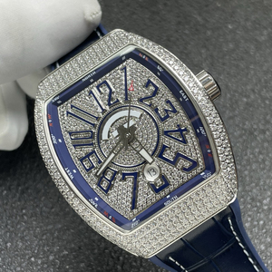 Montre mécanique automatique de luxe pour homme, sertie de moissanite, en forme de tonneau, bracelet en cuir bleu, série V45, haut de gamme, haute qualité - Product Image 2
