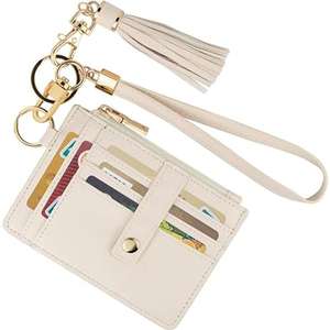 Porte-cartes femme en cuir végétalien tendance avec dragonne à pompon, porte-clés, mini portefeuille fin multi-fentes avec fenêtre d'identification et fermeture éclair, pour voyage - Product Image 1