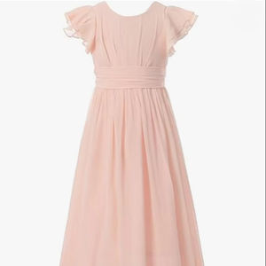 فستان وصيفة العروس الصغيرة بأكمام قصيرة مزينة بالجواهر، فستان حفلات طويل من الشيفون، فستان طويل لفتاة الزهور - Product Image 1