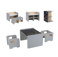 Ensemble de table et chaises pour enfants 3 pièces, tout en un, en bois, style Montessori, avec tableau noir, étagères de rangement pour la maison, l'école