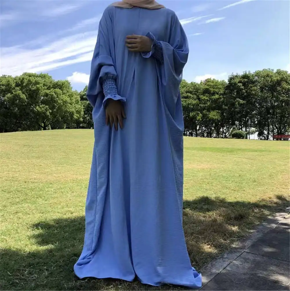 Grosir harga murah gaun Turki warna Solid lengan panjang Lebaran Muslim anak perempuan gaun Abaya tertutup Musim Panas Kaftan rok